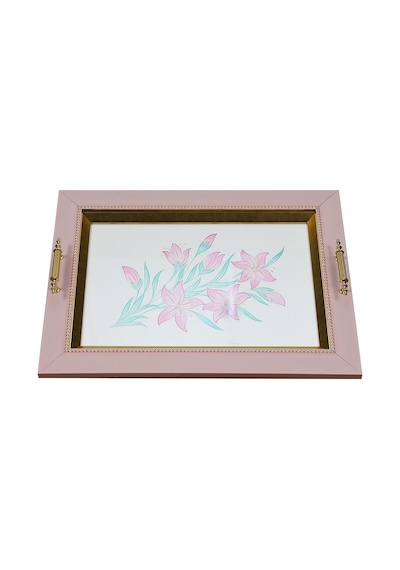 E38 El İşçiliği Pembe Çiçek Suluboya Tepsi 36x48 Cm - 6223
