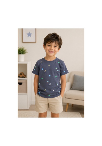 Tuffy Kids Uzay Desenli Erkek Çocuk %100 Pamuk Tişört Füme