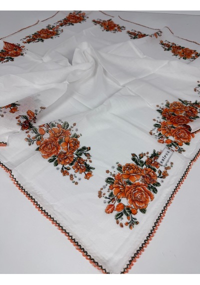 Eripek Oyalı Organik Pamuklu Yazma- 06083 Beyaz-turuncu