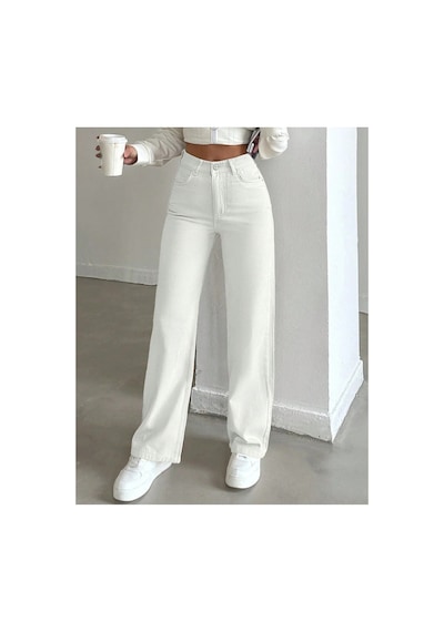 Kene Jeans Yüksek Bel Beyaz Keten Bol Paça Tam Kalıp Pantolon Beyaz