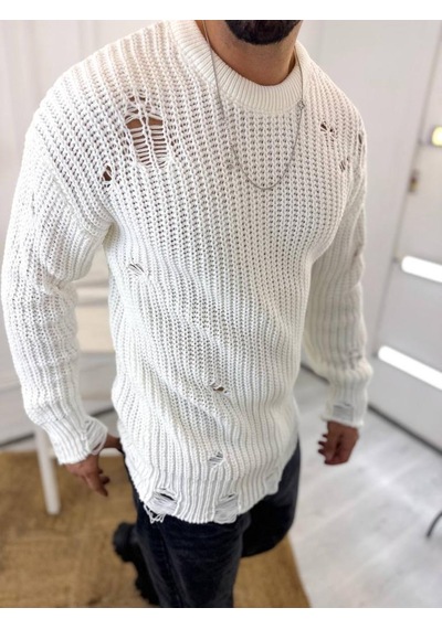 Elku Moda Kazak Oversize Yırtık Detaylı Lazer Kesim Tüylenmez Naturel Pamuk Rahat Kesim Salaş Kazak 001