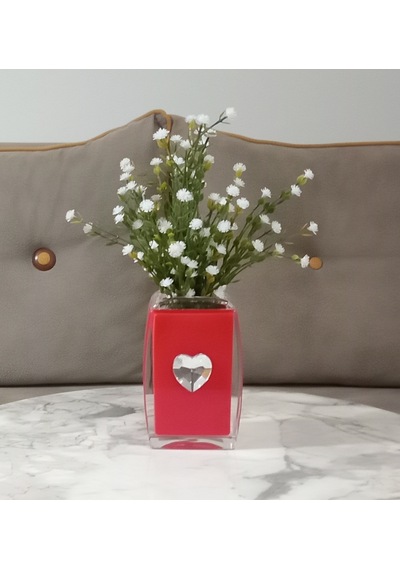 Vazoda Beyaz Yapay Çiçek Dekoratif Kristal Taşlı Kırmızı Kalpli Vazo Dahil 6 x 6 x 16 CM
