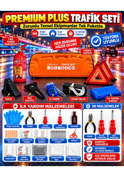Premium Trafik Ve İlk Yardım Seti Tüvtürk Muayene Uyumlu Ce Belgeli Abc 1kg Yangın Söndürücü Ve E Belgeli Reflektör-turuncu