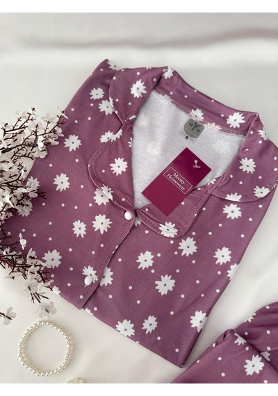 Mh Moony Homewears 2'li Porpelim Çiçekli Penye Pijama Takımı Mor