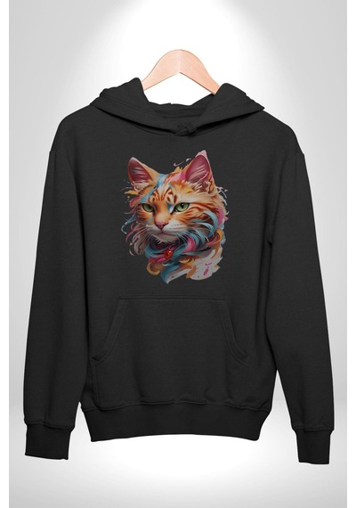 Hayvan Kedi Sanat Potre Kadın Erkek Siyah Kapüşonlu Sweatshirt Hoodie Siyah