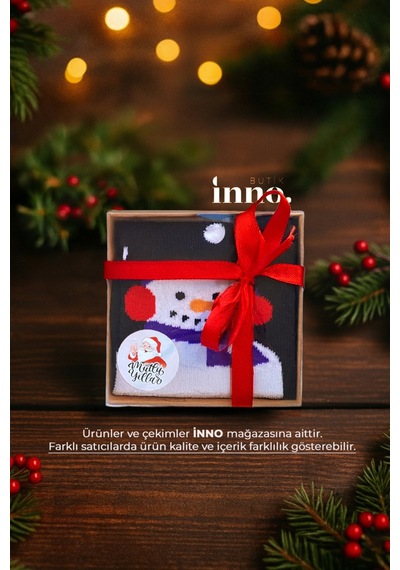 Inno Yılbaşı Desenli Noel Babalı Hediyelik Kraft Kutulu Çorap Tekli Siyah