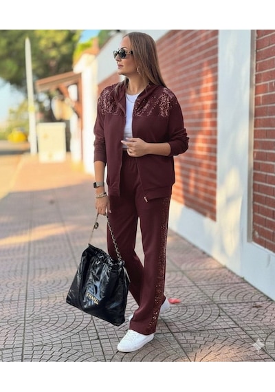 Hazego Kadın Uzun Kollu Önden Fermuarlı Pul Payetli Alt Üst Viskon Iki Iplik Takım Bordo