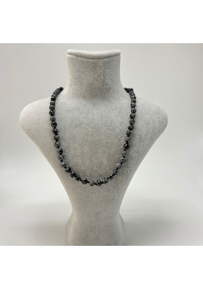 Yıldız Doğal Taş Karlı Obsidyen Doğal Taş 6 MM Makrome Kolye 45 CM - 55 CM Ayarlanabilir Siyah