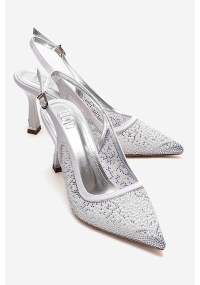 Luvishoes Frea Beyaz İnci Gümüş Taşlı Kadın Topuklu Ayakkabı