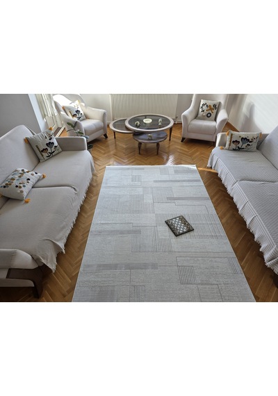 Elvey Home Bambu Krem Açık Gri Gerçek Bambu Kadife İnce Sık Dokuma Özel Ölçü Salon Koridor Oturma Odası Halısı Krem-a.gri