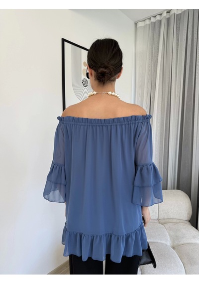 Lodmela Yaka Lastikli Şifon Bluz 6022-Indigo