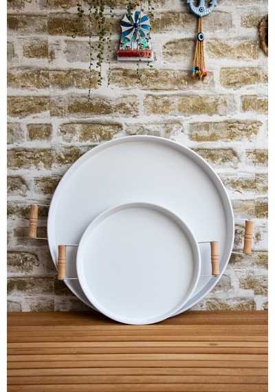 Kitchen Trend Ahşap Kulplu Metal Tepsi 2'li 45 CM+Beyaz Çay Kahve Sunum Tepsisi 30 CM