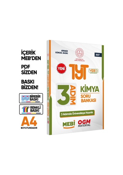 2027 TYT Mebi-ogm 3 Adım Kimya Soru Bankası Renkli A4 Boyut Video Çözümlü Baskı Ücreti