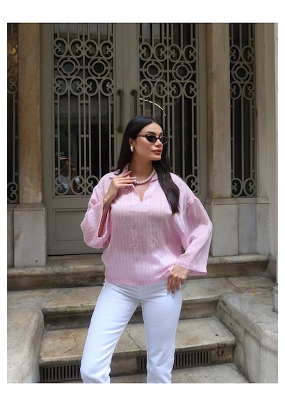 Kechi Woman Çizgili Transparan Kumaş Polo Yaka Bluz Pembe