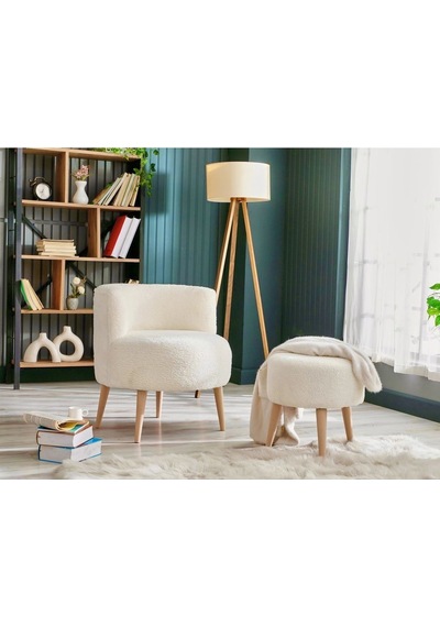 Azra Mobilya Sydney Berjer Puf İkili Set - Tekli Koltuk - Berjer - Ofis, Balkon, Kafe, Bahçe, Salon Mobilyası Krem