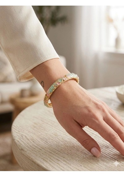 Aqua Petal Pembe & Su Yeşili Mine İşlemeli Kelepçe Bileklik - Kbl0451 Çok Renkli