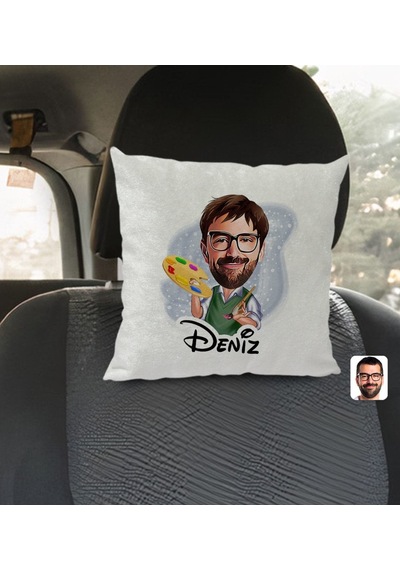 Bk Gift Kişiye Özel İsimli Erkek Ressam Karikatürlü Kare Araç Koltuk Yastığı-1 Çok Renkli