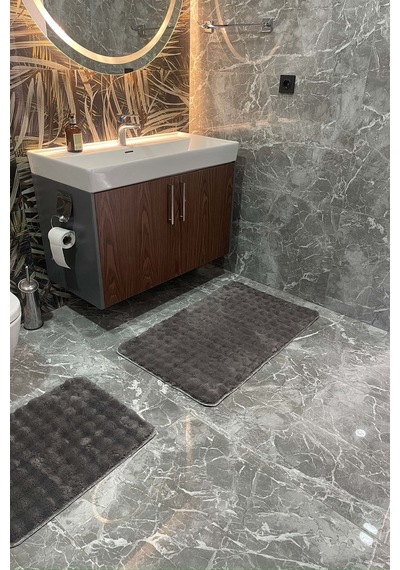 Modern Bubble Yıkanabilir Kaymaz Peluş Banyo Paspası Halısı 2'li Klozet Takımı 60x100 Ve 50x60 Antrasit