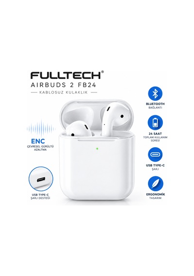 Fulltech Airbuds 2 Fb24 Bluetooth Kablosuz Kulaklık Enc Gürültü Azaltma 24 Saat Kullanım Type-c Şarj Beyaz