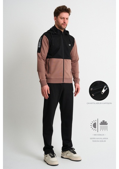 Shooter Sportswear Shooter Premium Erkek Eşofman Takımı Mevsimlik Kapüşonlu Rahat Kalıp Vizon