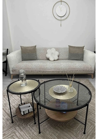Nordic Yan Sehpa Temperli Cam 40 Cm Demonte Çizilmez Kırılmaz Metal Çerçeve Raflı Minimalist Sehpa - Atlantik Çam Atlantik Çam