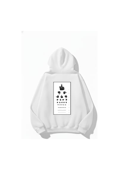 Uyguntarz Unisex Yumuşak Dokulu Göz Testi Baskılı Tasarım Oversize 3 İplik Hoodie Sweatshirt beyaz