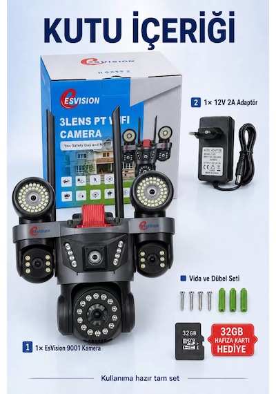 İcsee 9003 9mp 3 Lens Wifi Güvenlik Kamerası, Motorlu Gece Görüşlü Dış Mekan Kamera, 32gb Kart Ve Adaptör