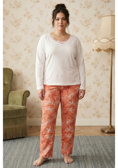 Siyah İnci Büyük Beden Battal Boy Viskon Örme Pijama Takım 26224854 Ekru