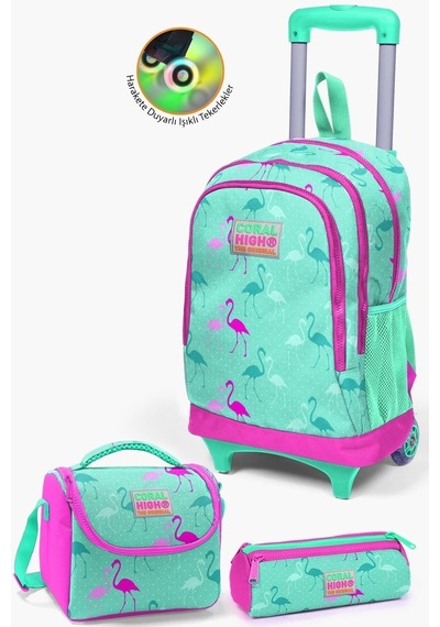 Kids Lacivert Civit Robot Desenli Çekçekli 3'lü Çanta Seti Set0123380 Su Yeşili Neon Pembe Çok Renkli