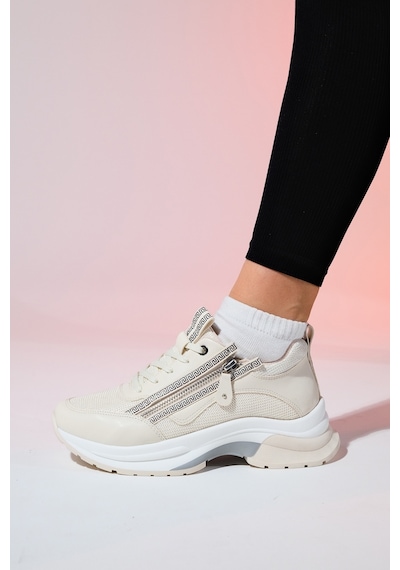 Luvishoes Oude Ekru Kadın Fermuarlı Kalın Taban Spor Sneakers Ekru