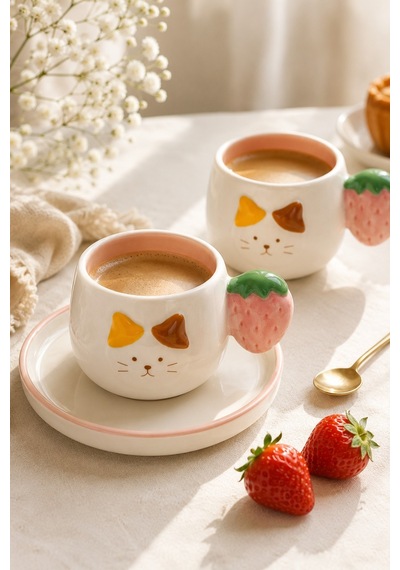 Kedi Desenli Çilek Kulplu 2'li Kahve Fincanı 140 Ml Diğer