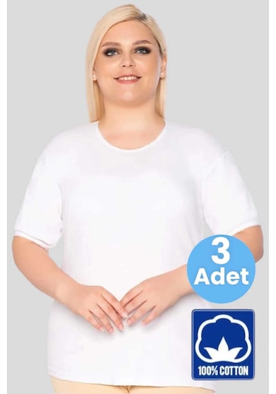 Tezzgelsin Kadın % 100 Pamuklu Büyük Beden Dantelli Kısa Kollu Atlet Fanila 3 Adet Beyaz