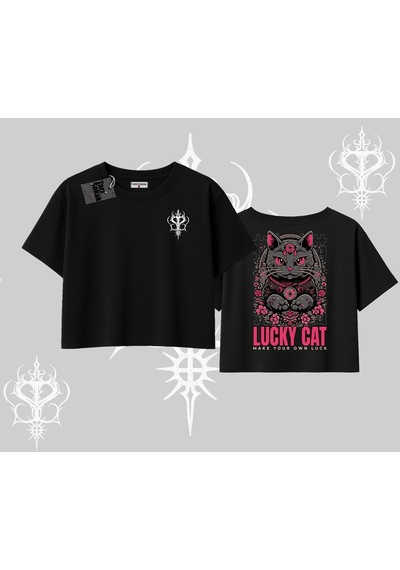 Startmore Startmore Lucky Cat Japon Tarzı Kedi Baskılı Oversize Crop Tshirt Siyah