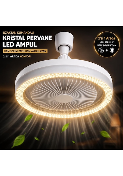 Güncelçarşı Modern Kristal Tasarım Lambalı Tavan Vantilatörü, Uzaktan Kumandalı, E27 Duy, Sessiz Fanlı Tavan L Diğer