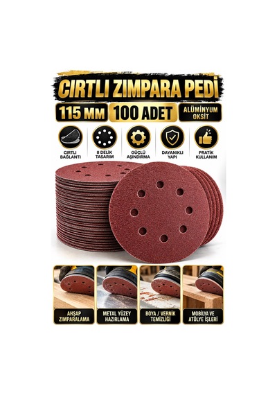 115 Mm Cırtlı Zımpara Diski 100 Adet 8 Delikli Alüminyum Oksit Ahşap Metal Yüzey Zımparası
