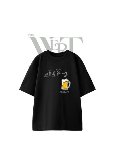 Thewert Cuma Bira 1 Tasarım Baskılı Ünisex Siyah Oversize T-shirt