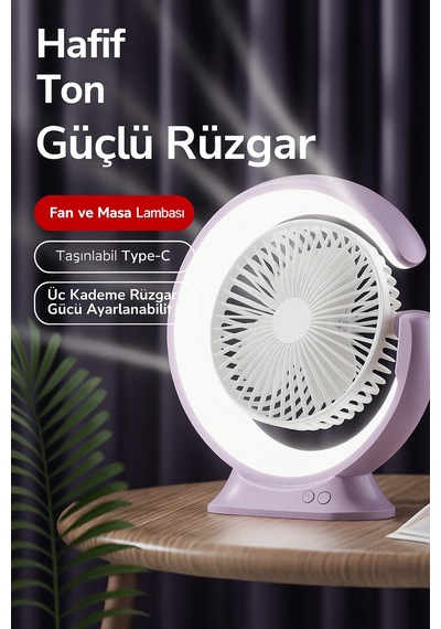 Şarjlı Masa Lambalı Mini Fan 2400 Mah 3 Kademeli Hız, Gece Işığı, Sessiz Ve Taşınabilir Yeşil - 731342687