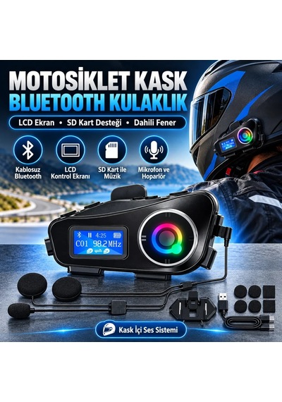 Ers Q58 Motorsikletler İçin Fener Özellikli Sd Kart Bölümlü Lcd Ekranlı Kablosuz Bluetooth Kulaklıklı Suya Dayanıklı Kask Kulaklığı