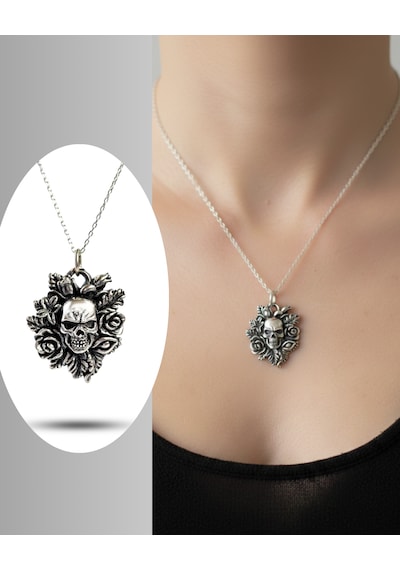 Luna Luster 925 Ayar Gümüş Kuru Kafa Kara Gül Tasarım Kadın Kolye Sevgililer Günü Hediye Gümüş