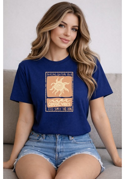 Herkesemoda Coastal Vibes Baskı Detaylı Basic T-shirt Lacivert