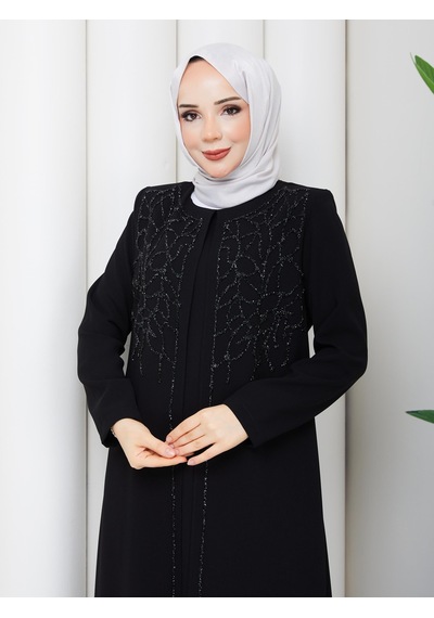 Eslemnur Sarmaşık Taşlı Büyük Beden Anne Elbisesi Siyah