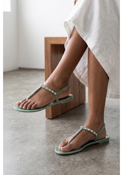 Wolk Shoes Mia Parmak Arası Taşlı Kadın Sandalet Yeşil