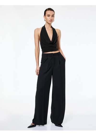 Koton Slim Fit Sırt Dekolteli Taşlı Derin Degaje Yaka Bluz Siyah 6wak10317ek