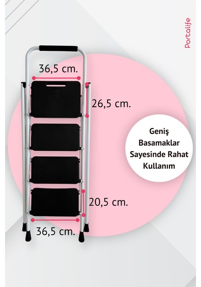 Portalife 4 Basamaklı Uzun Tutacaklı Çelik Şık Merdiven - Beyaz 150 Cm'ye Kadar