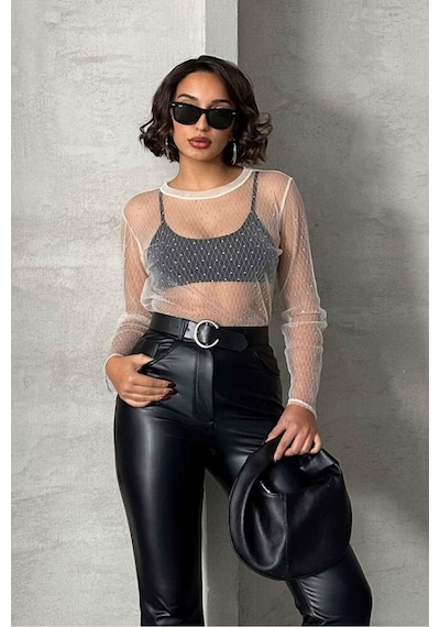 Verymoda Puantiyeli Tül Bluz F1603 Taş