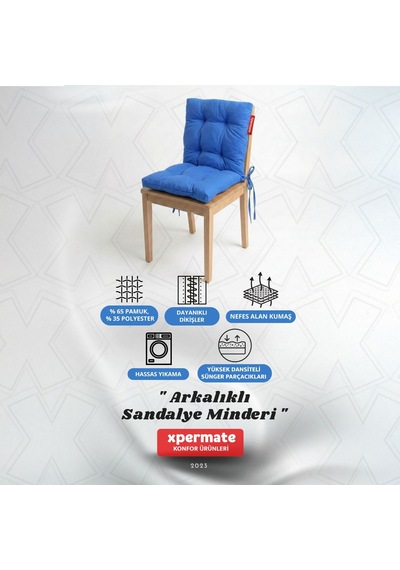 Pofuduk Arkalıklı Sandalye Minderi Bağcıklı Yıkanabilir Dekoratif Minder Mavi