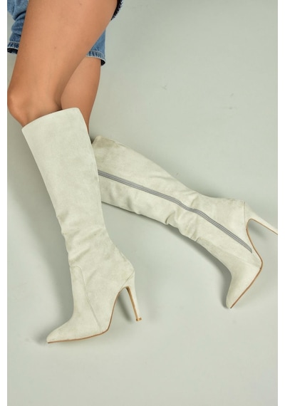 Fox Shoes N372530102 Gri Süet İnce Topuklu Kadın Çizme Gri-süet