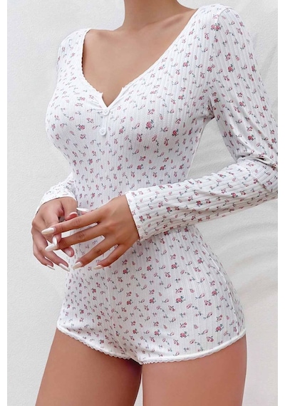 Merry See Çiçek Desenli Tasarım Tulum Gecelik Body Çok Renkli