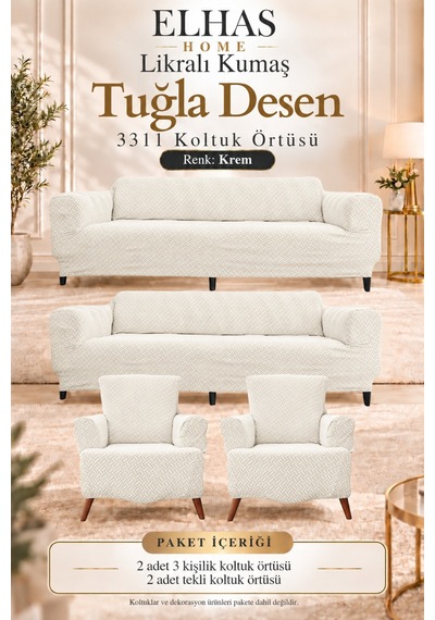 Likralı Kumaş Tuğla Desen 3311 Koltuk Örtüsü Kanepe, Koltuk Kılıfı Yıkanabilir, Esnek 1 Adet Krem - 934386711 Krem