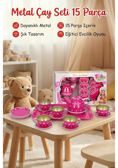 Pembe Puantiyeli Metal Oyuncak Çay Seti 15 Parça - Eğitici Teneke Evcilik Mutfak Oyun Takımı
